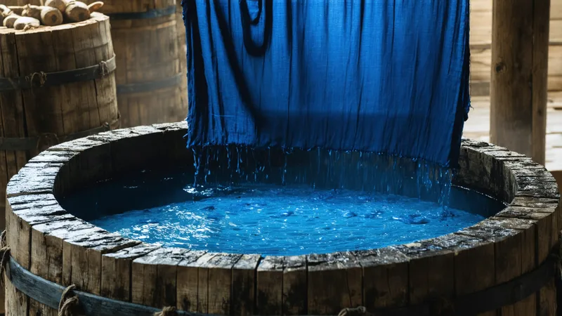 Traditional Japanese indigo dyeing vat with deep blue fabric in a Tokushima workshop