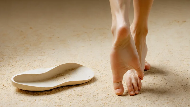 Thin minimal shoe sole cross-section compared to bare foot on textured ground