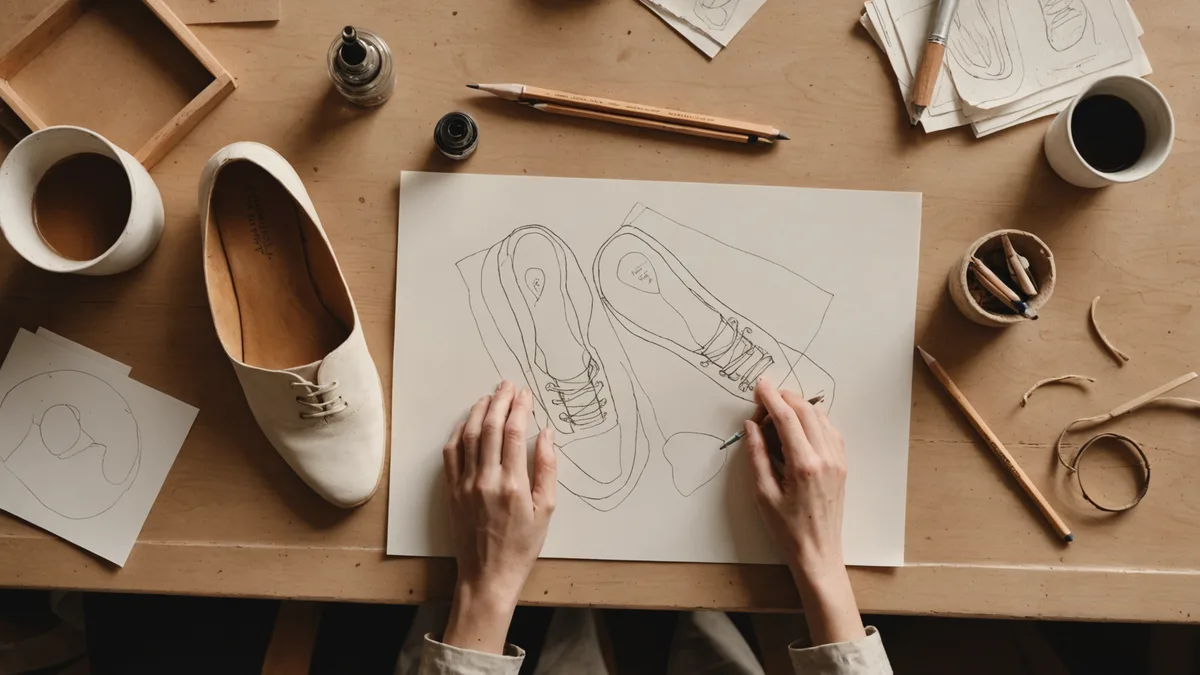 Design sketch and prototype of wide toe box shoe on drawing board